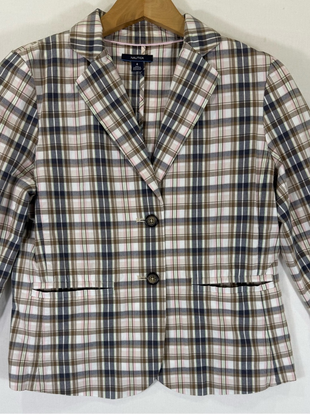 Vintage Nautica Women's Plaid Blazer in White, Brown & Blue